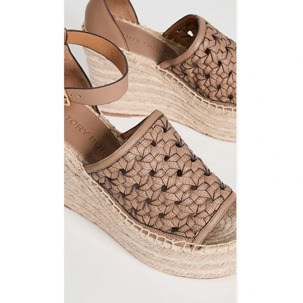 Tory Burch Basketweave‎ Espadrille Wedge Platform Sandal Sz-8 Almond Flour $348